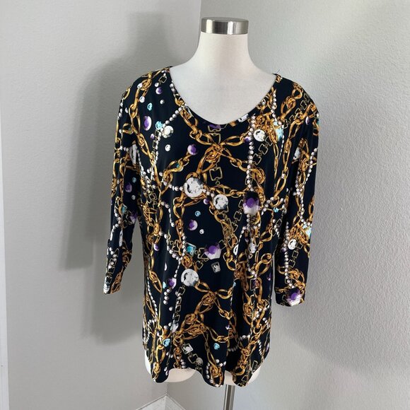 Antthony Womens Plus 1X Chain & jewels Tunic Top V Neck Stretch Shirt 3/4 Sleeve - Picture 1 of 11